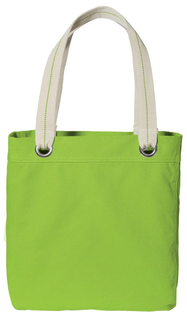 A green bag with white handles and a yellow stripe on the front.