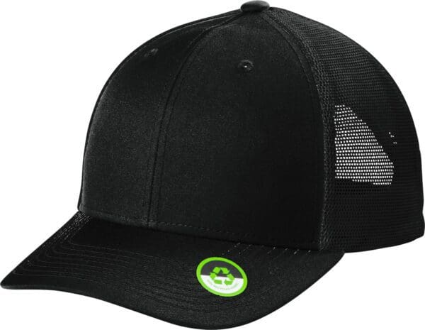 Black mesh back baseball cap with green logo.