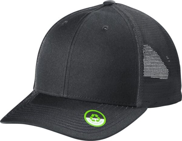 Black mesh back baseball cap with green tag.