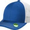 Blue and white mesh trucker hat.