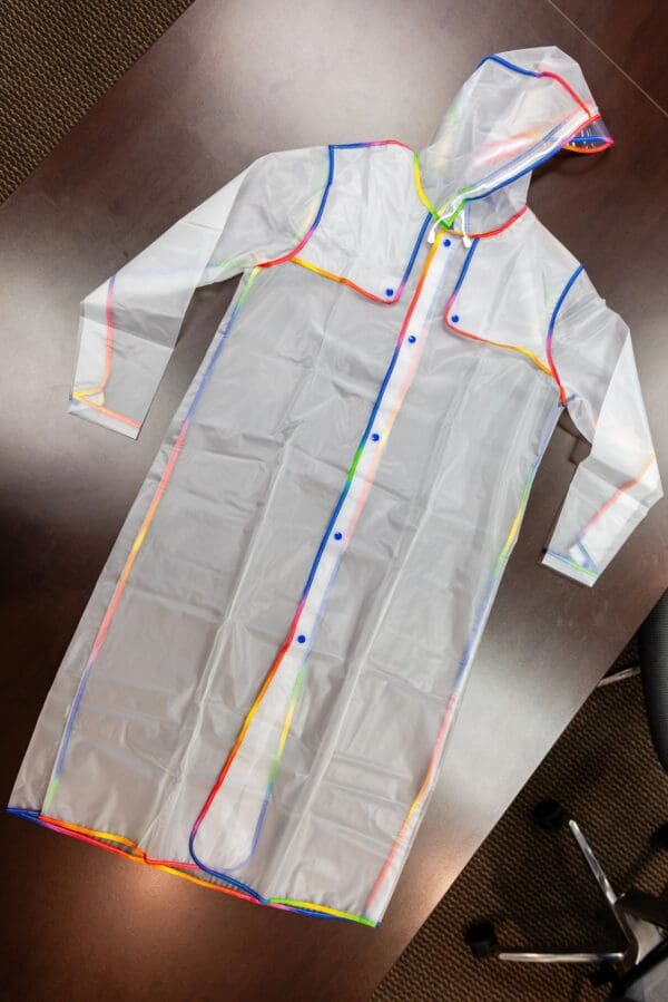 Clear raincoat with rainbow trim