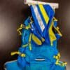 A blue and yellow backpack with a white pole
