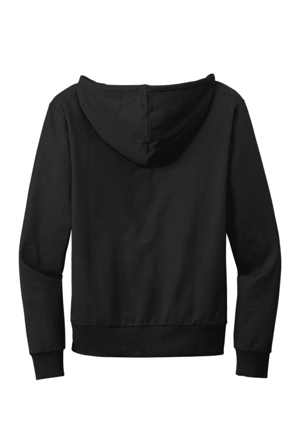 Black hooded sweatshirt with long sleeves.