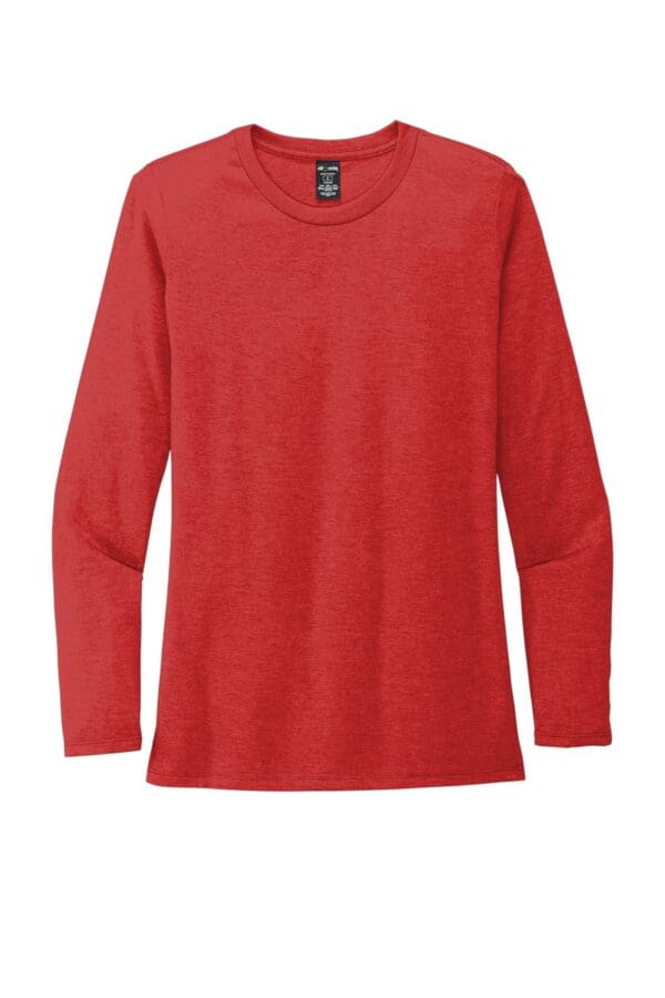 Red long-sleeved crew neck t-shirt.