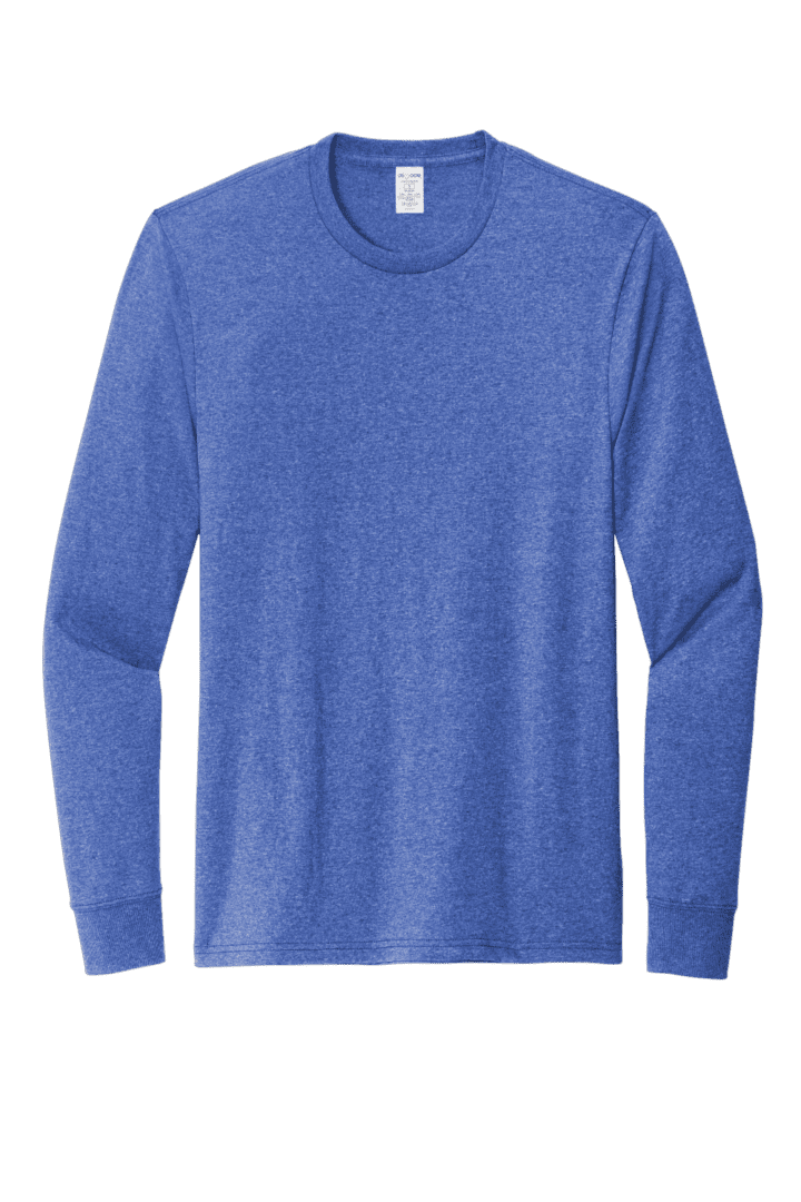 Blue long-sleeved t-shirt on green background.