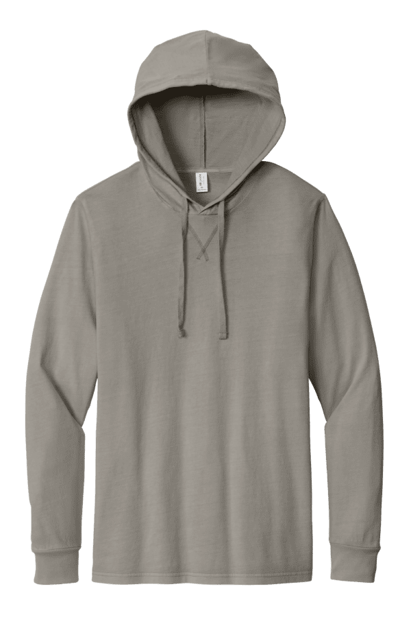 Gray long sleeve hooded shirt.