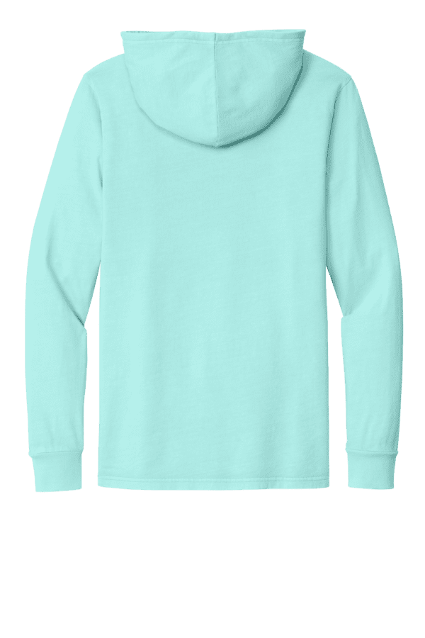 Light blue hooded long sleeve shirt.