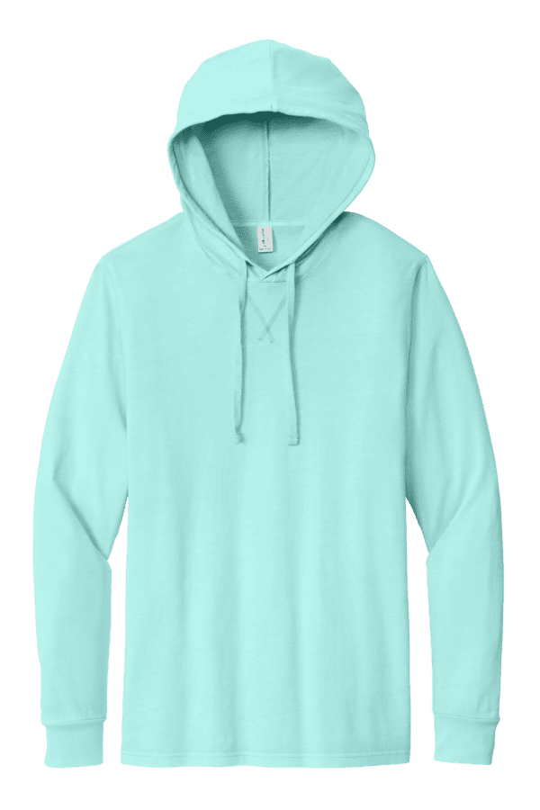 Light blue long-sleeved hooded shirt.