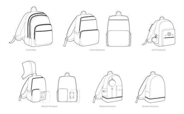 Line drawing of different backpack styles.