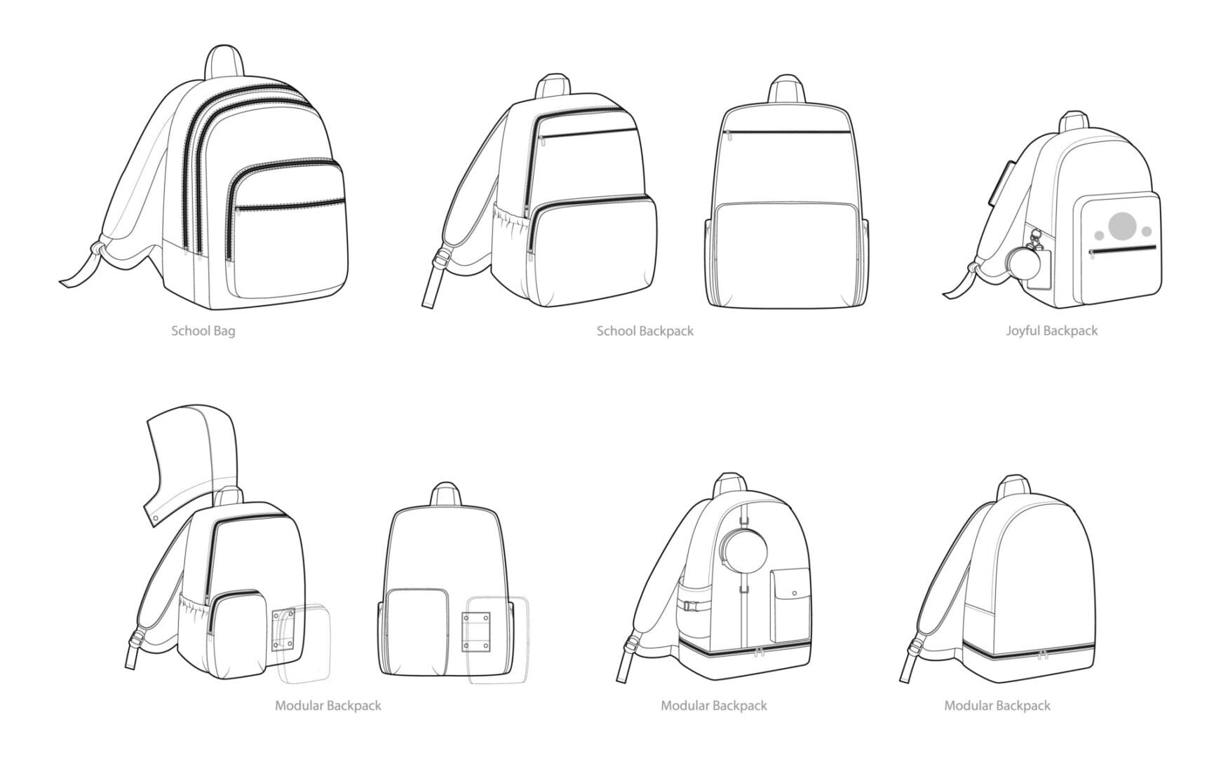 Line drawing of different backpack styles.